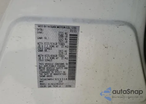 2015 Nissan Pathfinder S z USA, uszkodzony, nr VIN 5N1AR2MM9FC653318